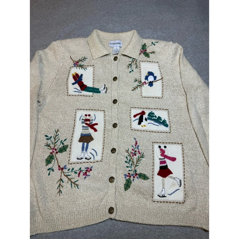 Alfred Dunner Holiday Christmas Cardigan Beige M Embroidered 3D Grandma Cottage